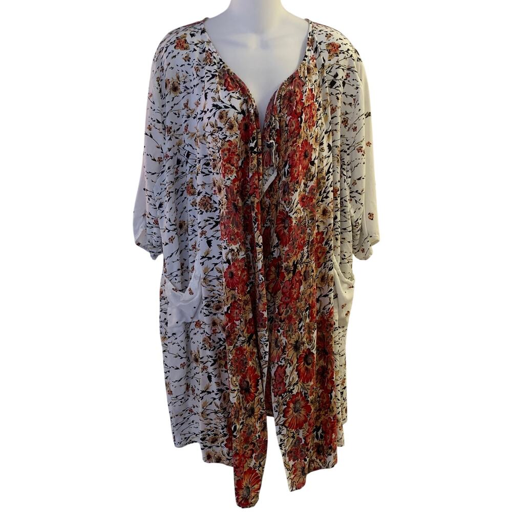 Boho Floral Lightweight Kimono Cardigan w/ Pockets Cream Red Black Mdm Umgee